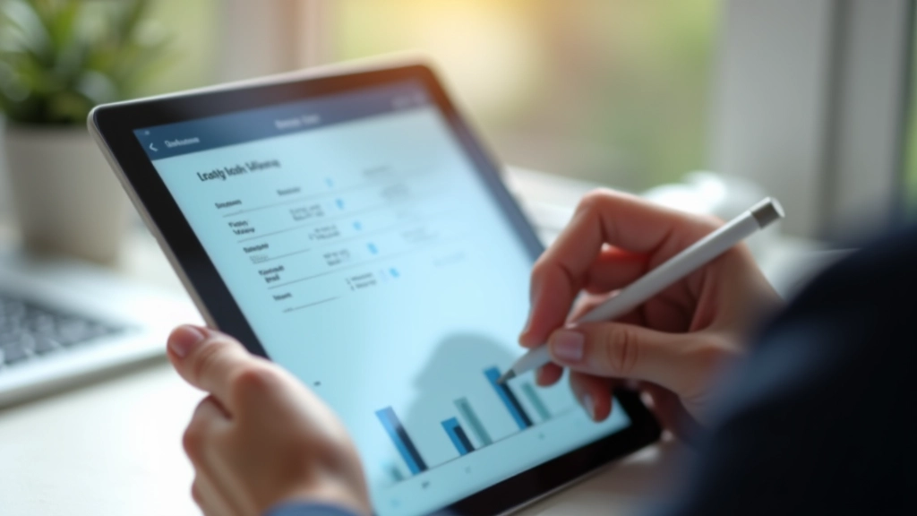 Checkliste mit Banking-App-Kriterien auf Tablet, Hand mit Stift, strukturierte Übersicht