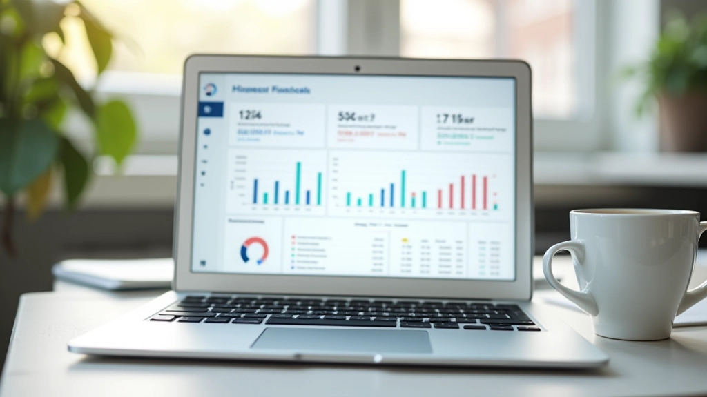 Laptop zeigt Finanz-Dashboard mit Diagrammen und Budget-Übersicht