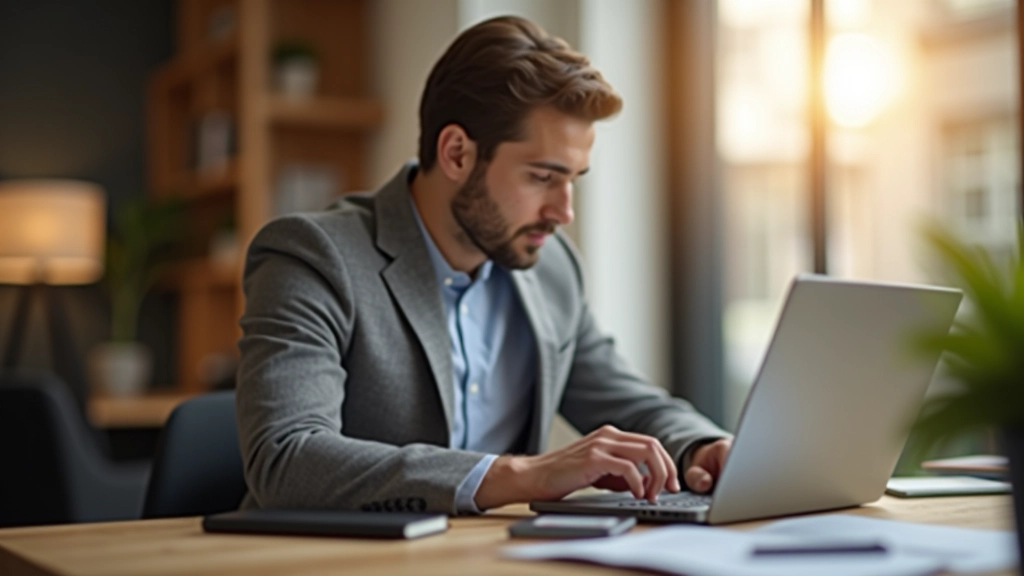Person am Laptop, die ein sicheres Passwort eingibt, modernes Heimbüro, warme Beleuchtung, scharfer Fokus