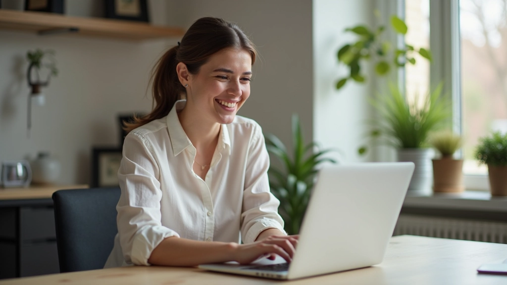 Glückliche Person sitzt am Laptop, überprüft Kontostand mit positiven Gefühlen