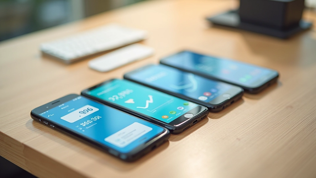Mehrere Smartphone-Bildschirme nebeneinander, die verschiedene Banking-App-Oberflächen zeigen, vergleichend angeordnet